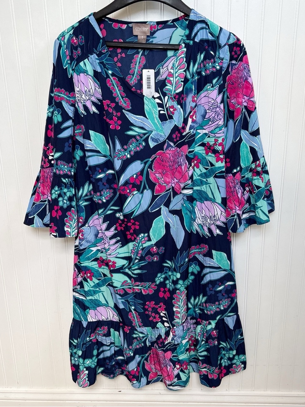 Chico’s Women’s Medium Floral Navy Blue Bell Sleeve Ruffle Hem Shift Dress